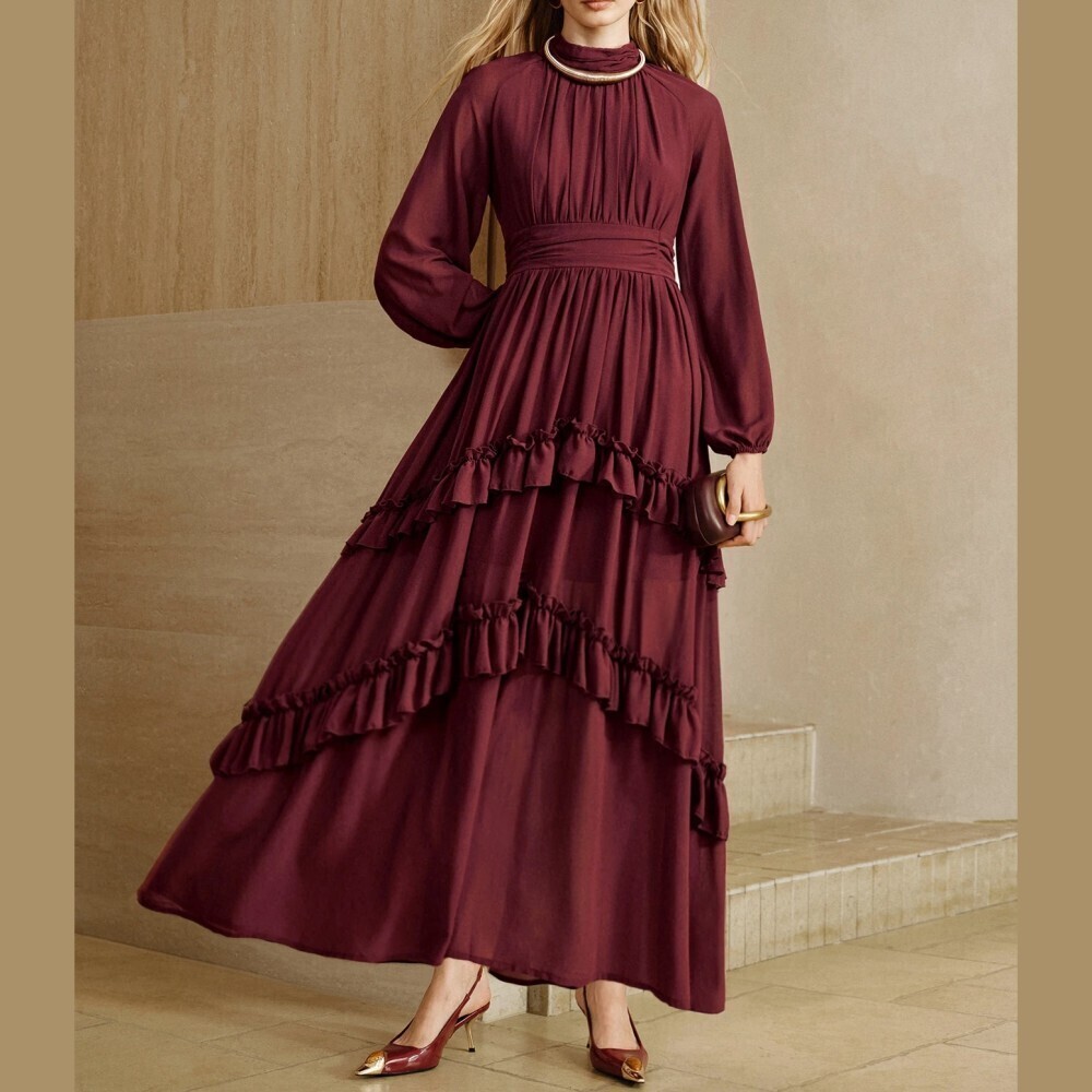 Burgundy Tiered Ruffle Hem Stand Collar Bishop Puff Sleeve Maxi Dress
